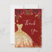 赤い金ゴールドドレス花模様グリッター誕生日 サンキューカード (正面)