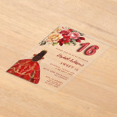 赤い金ゴールドドレス花模様澄んバラSweet 16 アクリル招待状 (レイダウン)