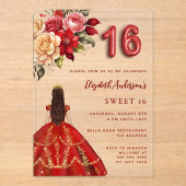赤い金ゴールドドレス花模様澄んバラSweet 16 アクリル招待状 (正面)