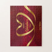 赤い金ゴールドハートリボンハッピーバレンタインデー ジグソーパズル (縦)