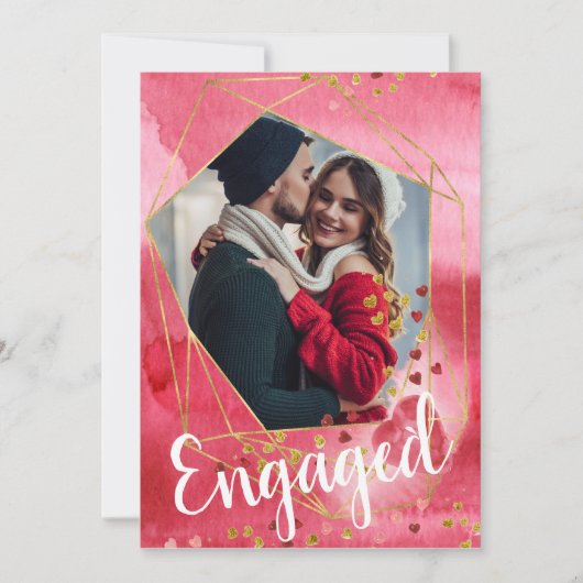 赤い金ゴールドハート写真バレンタイン婚約パーティ 招待状 (正面)