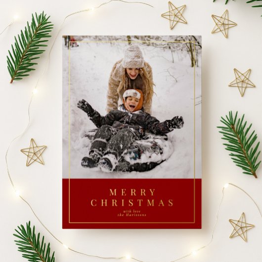 赤い金ゴールドフォイルMerry Christmas家族の写真 箔シーズンカード