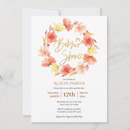 赤い金ゴールドフローラリース水の色ベビーシャワー 招待状 (正面)