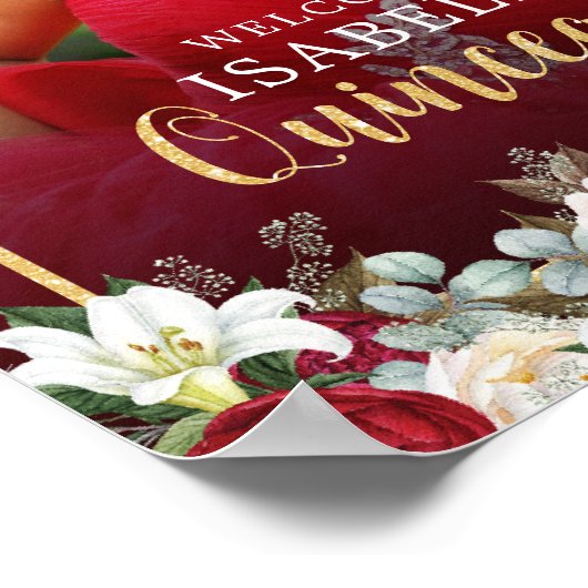 赤い金ゴールドフローラ写真キンチェニェラ歓迎サイン ポスター (角)