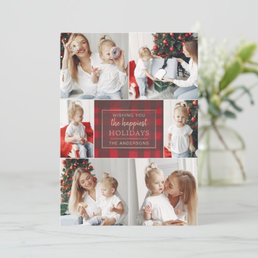 赤い金ゴールドプレイド6枚の写真コラージクリスマス シーズンカード (スタンド正面)