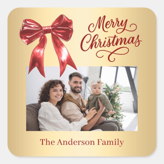 赤い金ゴールドボウフォトスクリプトのクリスマス スクエアシール (正面)