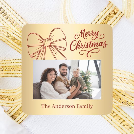 赤い金ゴールドボウフォトスクリプトのクリスマス スクエアシール