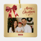 赤い金ゴールドボウ写真クリスマス セラミックオーナメント (正面)