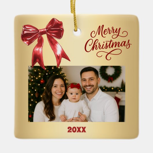 赤い金ゴールドボウ写真クリスマス セラミックオーナメント (正面)
