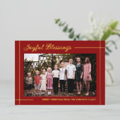 赤い金ゴールドライン喜ばしい恵み写真クリスマス 箔シーズンカード (立ち正面)