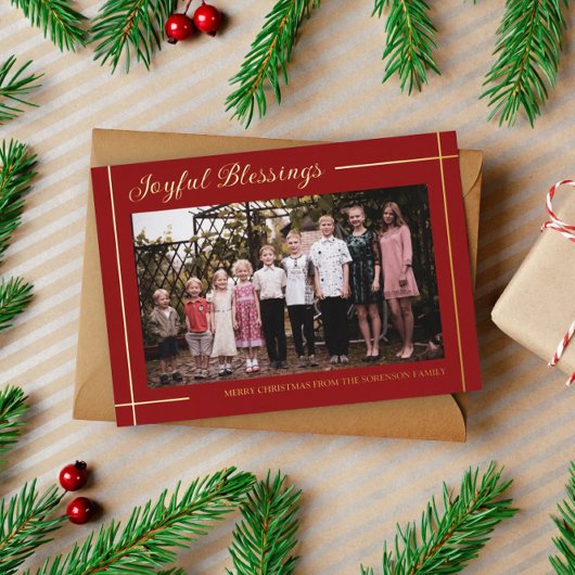 赤い金ゴールドライン喜ばしい恵み写真クリスマス 箔シーズンカード