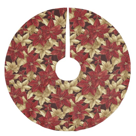 赤い金ゴールドヴィンテージポインセティアスクリスマス ブラッシュドポリエステルツリースカート (正面)