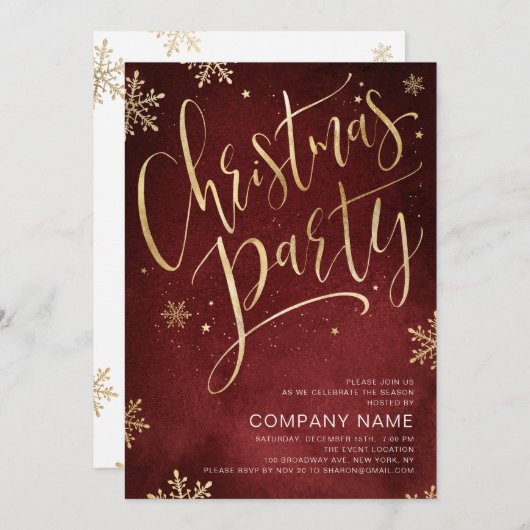 赤い金ゴールド手書き書クリスマスパーティー 招待状 (正面/裏面)