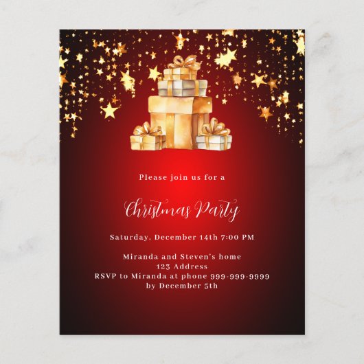 赤い金ゴールド星ギフトクリスマスパーティの招待状 (正面)