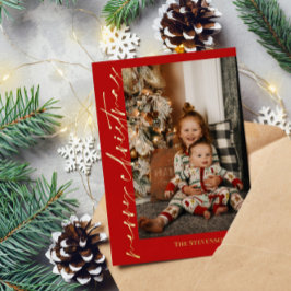 赤い金ゴールド書道写真メリークリスマス 箔シーズンカード