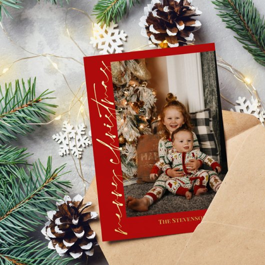 赤い金ゴールド書道写真メリークリスマス 箔シーズンカード