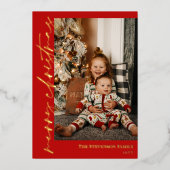赤い金ゴールド書道写真メリークリスマス 箔シーズンカード (正面)