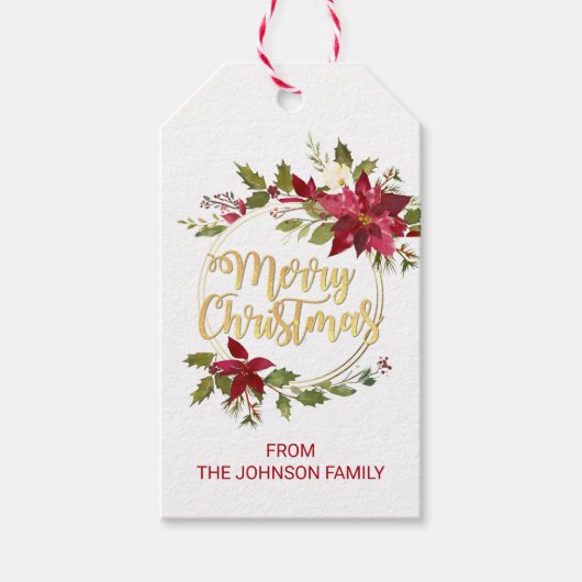 赤い金ゴールド水色フローラポインセチアのクリスマス ギフトタグ (正面)