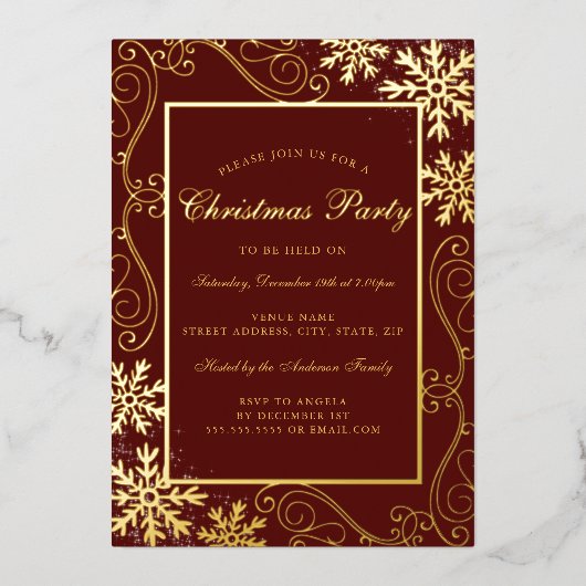 赤い金ゴールド渦雪片フレームクリスマスパーティー 箔招待状 (正面)