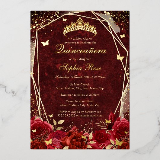 赤い金ゴールド王室のフローラバタフライティアラキンセアニェラ 箔招待状 (正面)