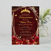 赤い金ゴールド王室のフローラバタフライティアラキンセアニェラ 箔招待状 (立ち正面)