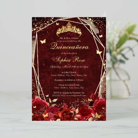 赤い金ゴールド王室のフローラバタフライティアラキンセアニェラ 箔招待状 (立ち正面)