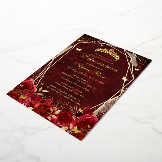 赤い金ゴールド王室のフローラバタフライティアラキンセアニェラ 箔招待状 (回転した状態)