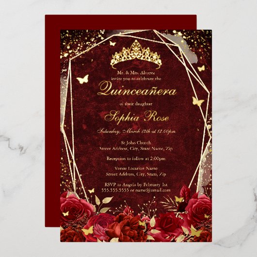 赤い金ゴールド王室のフローラバタフライティアラキンセアニェラ 箔招待状 (正面/裏面)