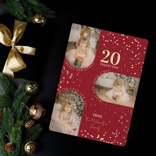 赤い金ゴールド紙吹雪アーチ家族の写真クリスマスホール シーズンカード