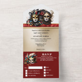 赤い金ゴールド結婚マスカレードのカーニバル顔マスク オールインワン招待状 (内側)