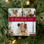 赤い金ゴールド3家族の写真コラージクリスマス セラミックオーナメント<br><div class="desc">シンプルモダンエレガント書Redと金ゴールド3家族の写真コラージュMerry Christmasスクリプトセラミックオーナメント。このフェスティバル、ミニマルお洒落リスト、3つの写真の休日のオーナメントは、グリッドかわいらしフォトコラージュと家族の名前と年を特徴としている。ファミリ名は赤書色の背景に渦巻形の金ゴールドで手書きフォントスクリプトで表される。裏面には家族名の写真が1枚。クリスマスかわいらしの休暇の季節に家族や友人のために記念しなさい。</div>