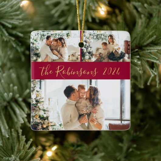 赤い金ゴールド3家族の写真コラージクリスマス セラミックオーナメント (ツリー)