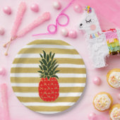 赤い金ストライプおよび緑の熱帯パイナップル ペーパープレート (パーティー)