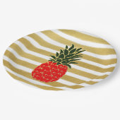 赤い金ストライプおよび緑の熱帯パイナップル ペーパープレート (アングル)