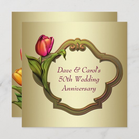 赤い金色のチューリップ 50周年結婚記念日 招待状 (正面/裏面)