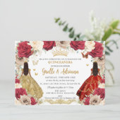 赤い金色のバラの花の双子 15歳の誕生日 クイーンセニョーラ 15歳 XV 招待状 (スタンド正面)