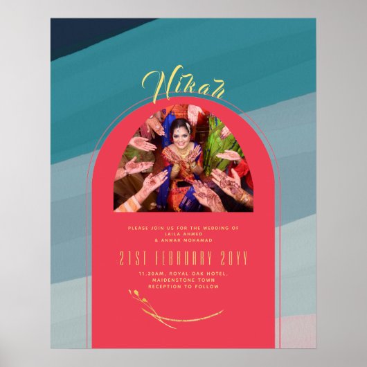 赤い金色のポスター 結婚式のお知らせ写真 ニカフ ポスター (正面)