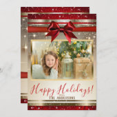 赤い金 赤い弓 輝きのホリデー フォト カード (正面/裏面)