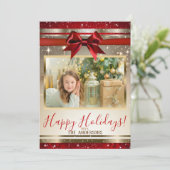 赤い金 赤い弓 輝きのホリデー フォト カード (スタンド正面)