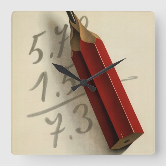 赤い鉛筆と数学の方程式、ヴィンテージ ビジネス スクエア壁時計 (正面)