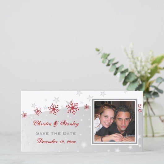 赤い銀の灰色の雪の結晶の結婚式の日付を保存 セーブザデート (スタンド正面)