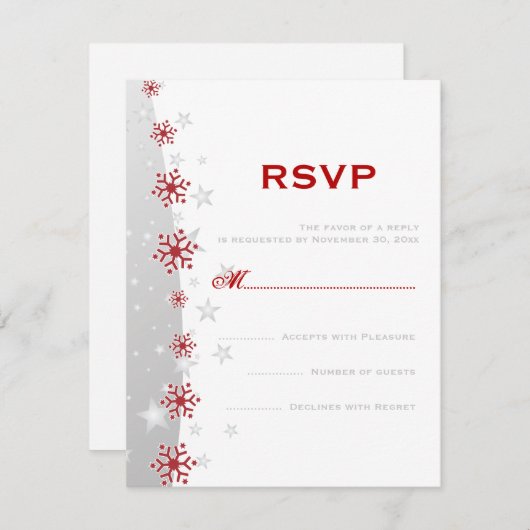赤い銀灰色の白いスノーフレーク結婚式RSVP 出欠カード (正面/裏面)