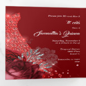 赤い銀色のバラ女性写真フローラ   三つ折り招待状 (内部最初)