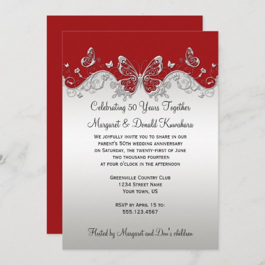 赤い銀製の蝶第25記念日 招待状 (正面/裏面)