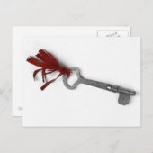 赤い鍵付き古いリボン ポストカード (正面/裏面)