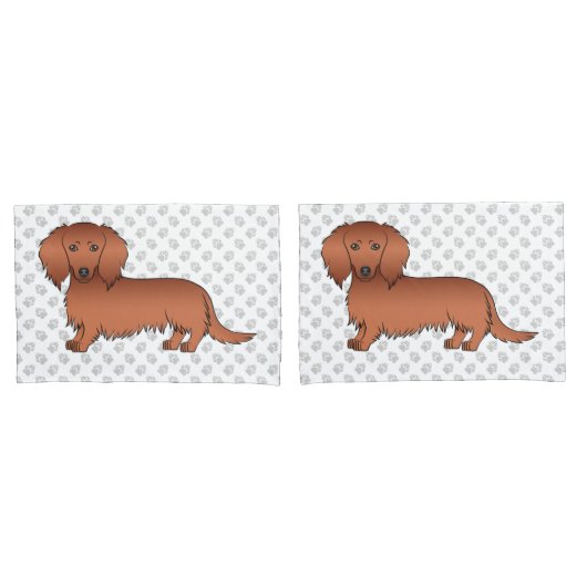 赤い長い毛のダックスフント かわいい漫画の犬と足跡 枕カバー (フロントセット)