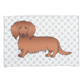 赤い長い毛のダックスフント かわいい漫画の犬と足跡 枕カバー (正面右)