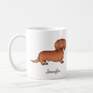 赤い長い毛のダックスフンド かわいいキャラクターデザインの犬と名前 コーヒーマグカップ