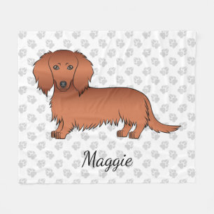 赤い長い毛のダックスフンド かわいいキャラクター犬と名前 フリースブランケット