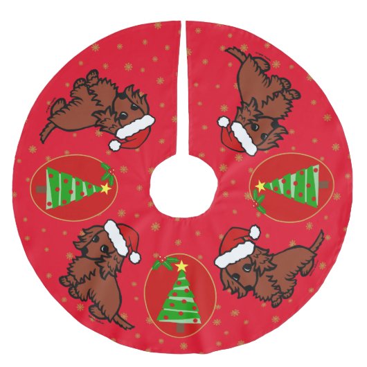 赤い長い髪のダックスフントのクリスマスツリーのスカート ブラッシュドポリエステルツリースカート (正面)